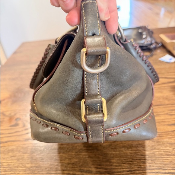 Dooney & Bourke Olive Leather Satchel with Burgundy Trim and Brass Hardware - Picture 3 of 13